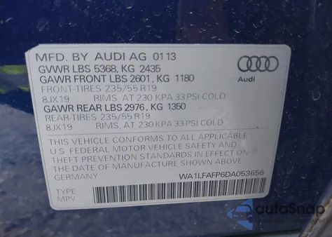 2013 Audi Q5 2.0T Premium from USA, damaged, VIN WA1LFAFP6DA053656